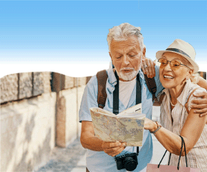 Animated small rectangle ad with a senior couple on some cheery travel, ready to take on the world